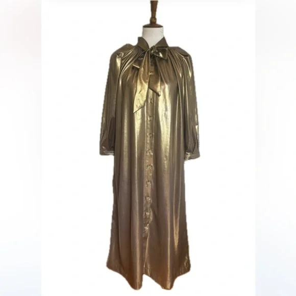 BURU Gold Lamé Long Sleeve Button Up Bow Midi Dress Size XS - Picture 1 of 14